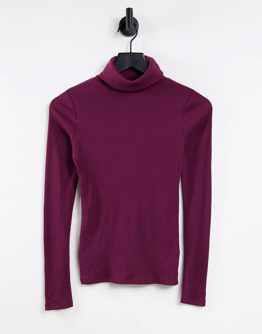 New Look ribbed roll neck top in burgundy-Red