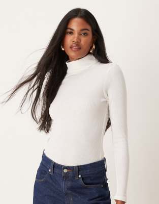 New Look New Look ribbed roll neck top in cream-White