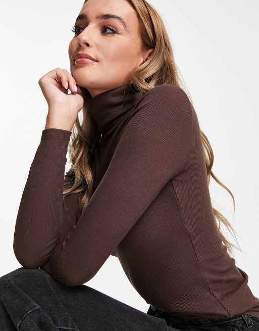 New Look ribbed roll neck top in dark brown ASOS