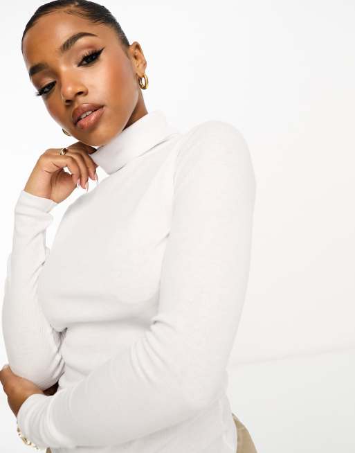 New Look ribbed roll neck top in white ASOS