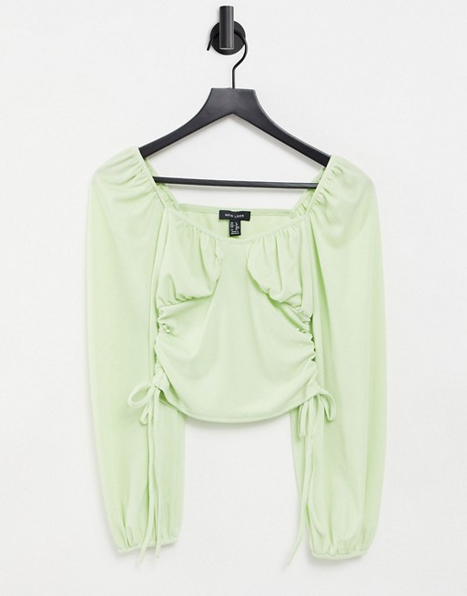 New Look ribbed ruched side bust detail top in pistachio
