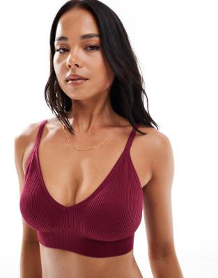 New Look New Look ribbed seamless bralette in burgundy-Red