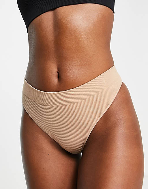 Ribbed seamless thong in tan Asos Women Clothing Underwear Lingerie Sets 