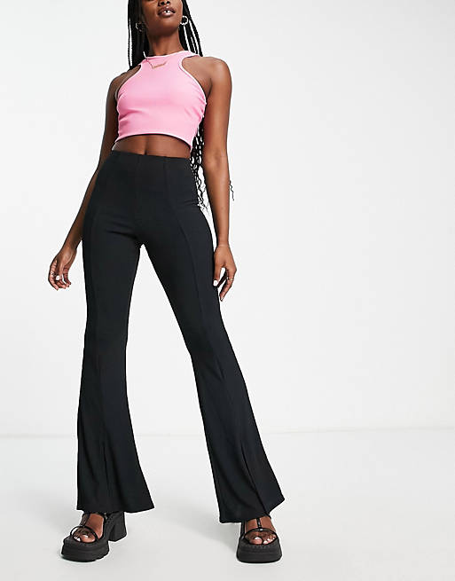 New Look ribbed split front flare pants in black