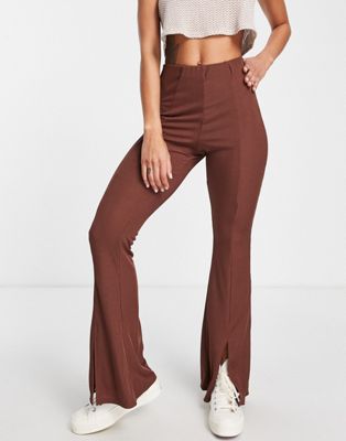 New Look ribbed split front flare trousers in brown
