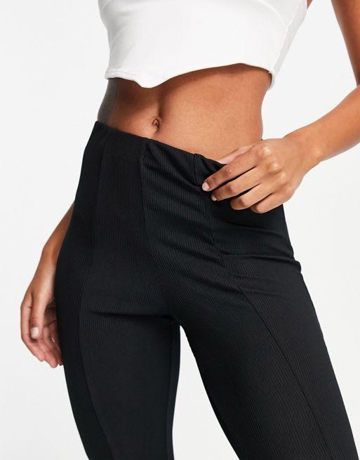 New Look ribbed split front flare pants in black