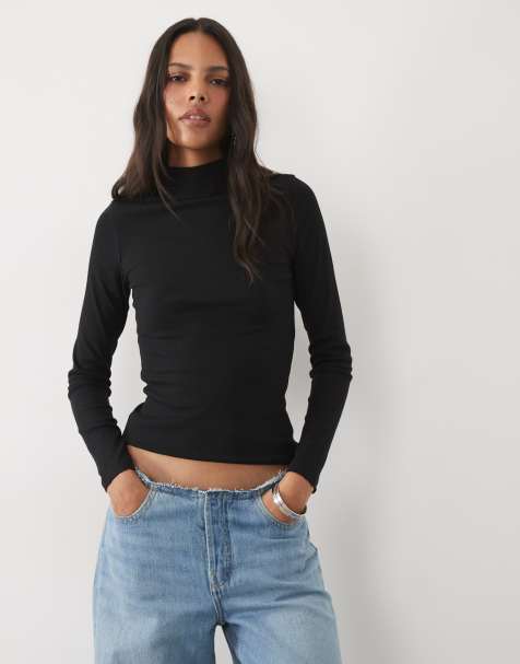 New Look ribbed stand neck long sleeve top in black - view 1