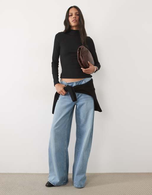 New Look ribbed stand neck long sleeve top in black, 2 of 4