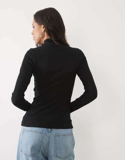 New Look ribbed stand neck long sleeve top in black, 4 of 4