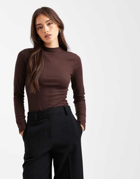 New Look ribbed stand neck long sleeve top in brown