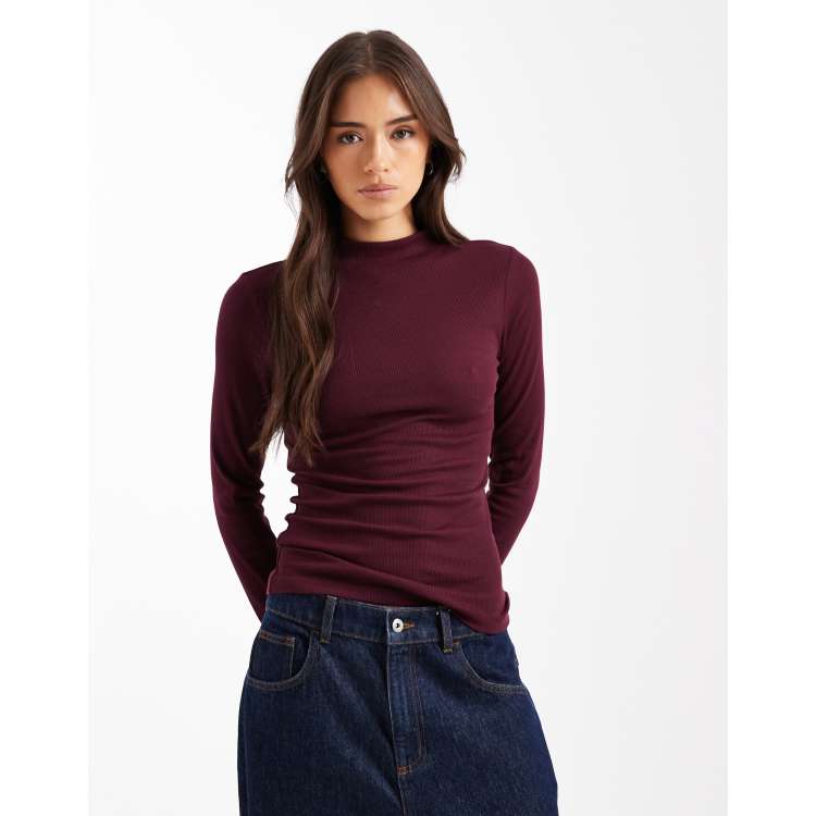 MANGDIUP Women's Mock Turtleneck Long Sleeve Top – Basic Slim Fit T-Shirt, Burgundy, X-Large, Versatile Casual Wear - View #6