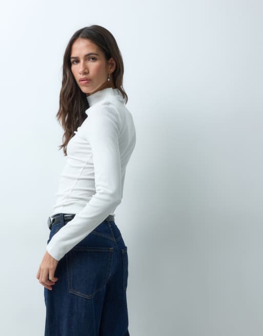 New Look ribbed stand neck long sleeve top in cream, 4 of 4