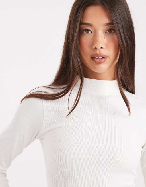 New Look ribbed stand roll neck long sleeve top in cream ASOS