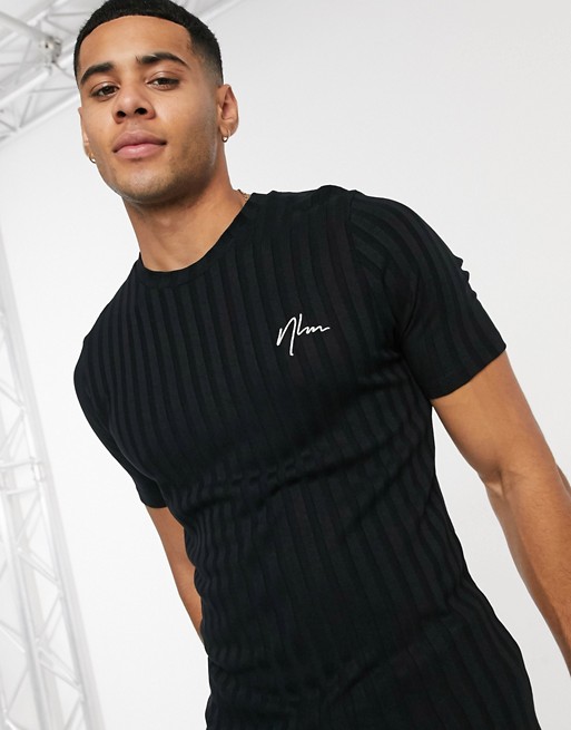 New Look ribbed t-shirt with embroidered NLM  in black