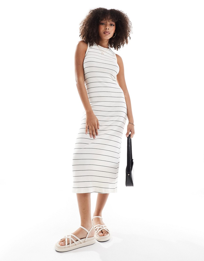 New Look ribbed tank midi dress in stripe-White