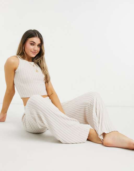 New Look ribbed wide leg lounge pant in cream