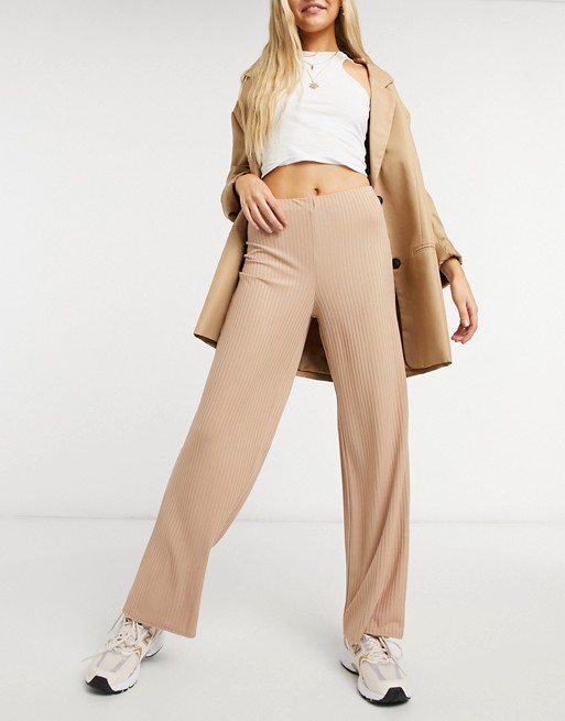 New Look ribbed wide leg trouser in camel