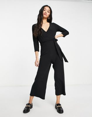 New Look ribbed wrap jumpsuit in black