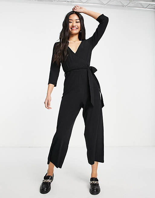 Jumpsuits & Playsuits New Look ribbed wrap jumpsuit in black 