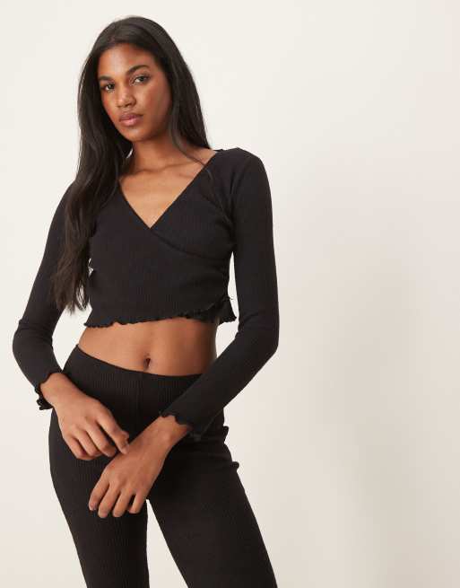 New Look ribbed wrap lounge top in black (part of a set)