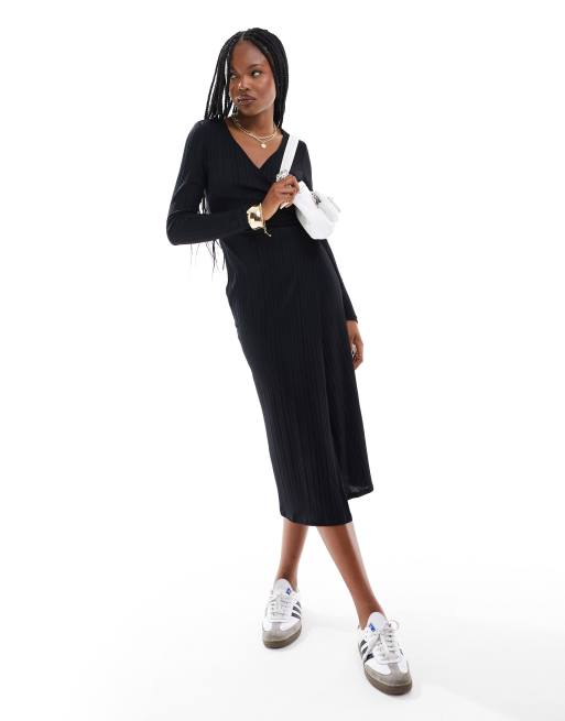 New Look ribbed wrap midi dress in black