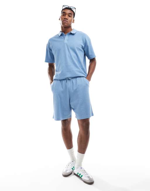 New Look - Ribstrikkede jerseyshorts med tekstur i blå - Del af sæt