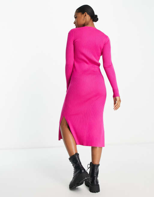 New Look - Ribstrikket midikjole med rund hals i pink, 2 af 4