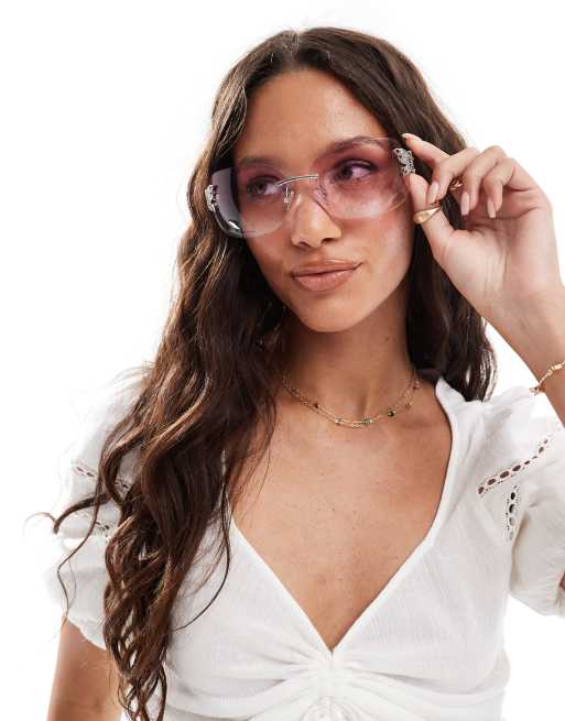New Look rimless butterfly sunglasses in pink, 3 of 3