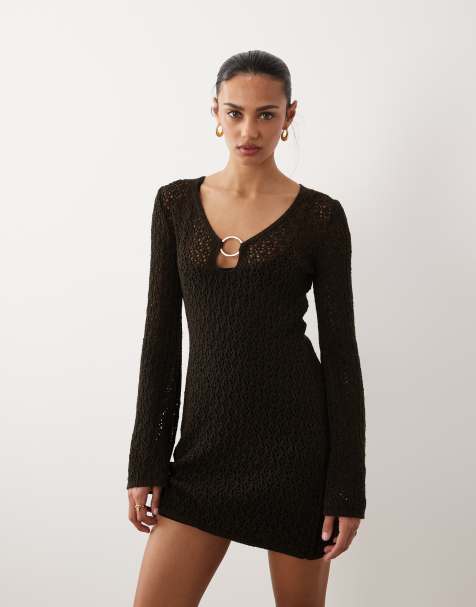 New Look ring detail crochet kaftan in brown - view 1
