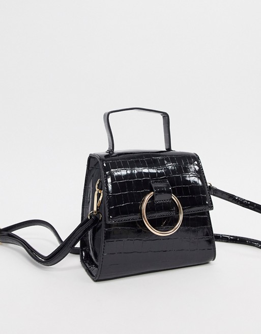 New Look ring detail mini bag in black croc
