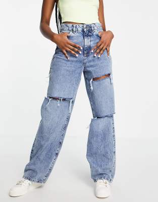 New Look Ripped Baggy Jeans In Mid Blue Asos