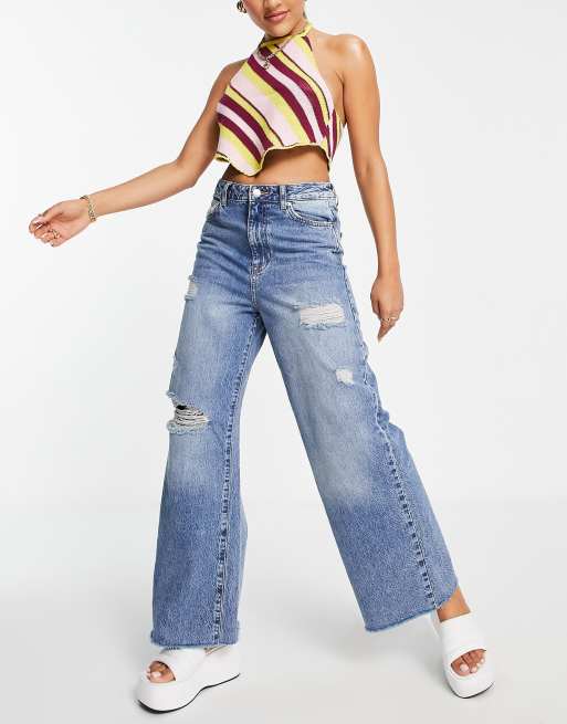 New Look ripped dad jeans in mid blue | ASOS