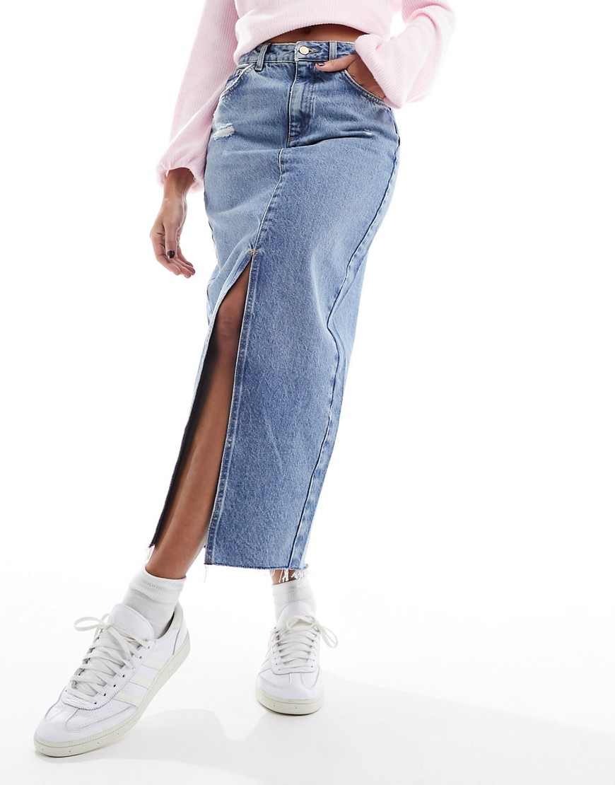 New Look ripped denim midaxi skirt in blue