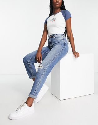 New Look ripped high waisted jeans in mid blue - ASOS Price Checker