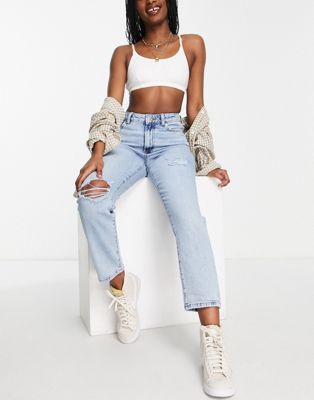 New Look cropped ripped mom jean in light blue