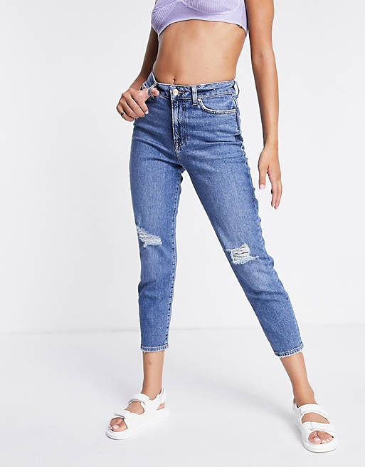 Jeans New Look ripped mom jean in mid blue 