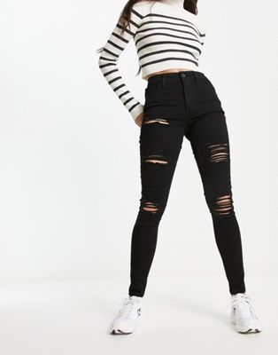 New Look ripped skinny jeans in black - ASOS Price Checker