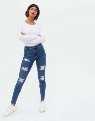 New Look ripped skinny jeans in mid blue - ASOS Price Checker