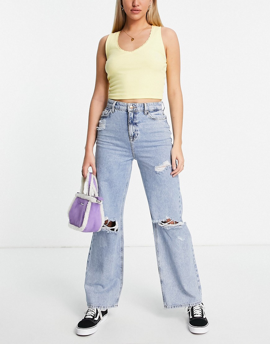 New Look Ripped Wide Leg Jean In Mid Blue