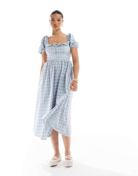 New Look - Robe à carreaux mi-longue avec détail corset - Bleu - view 1
