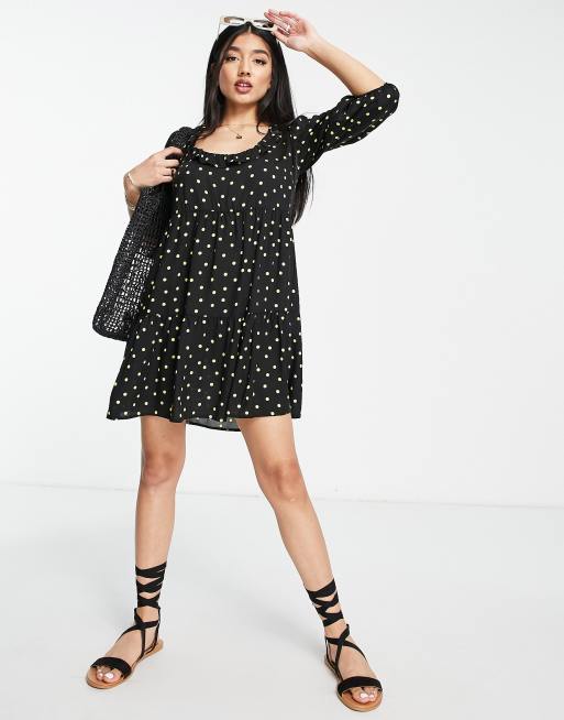 New Look - Robe babydoll à encolure carrée et manches à volants - Noir à pois