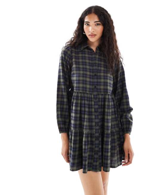 New Look - Robe babydoll courte à carreaux et manches longues - Vert, 3 de 4