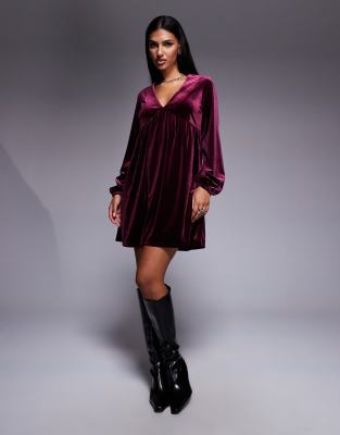 Robe babydoll courte en velours - Bordeaux-Rouge 34