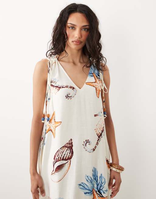 New Look - Robe babydoll longue à imprimé coquillages et perles - Crème, 2 de 4