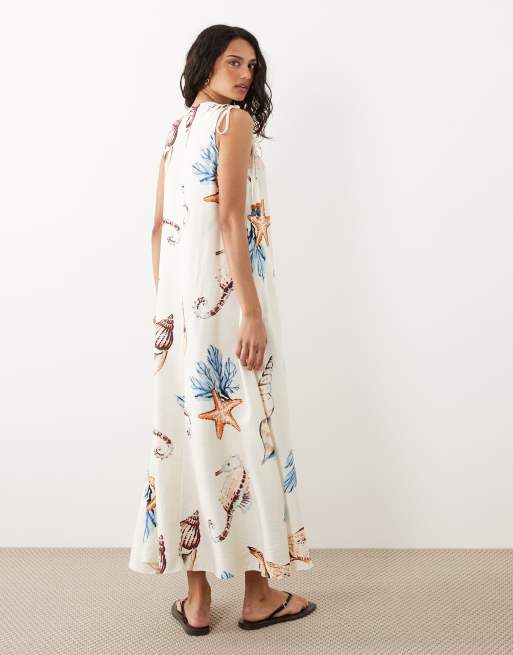 New Look - Robe babydoll longue à imprimé coquillages et perles - Crème, 4 de 4
