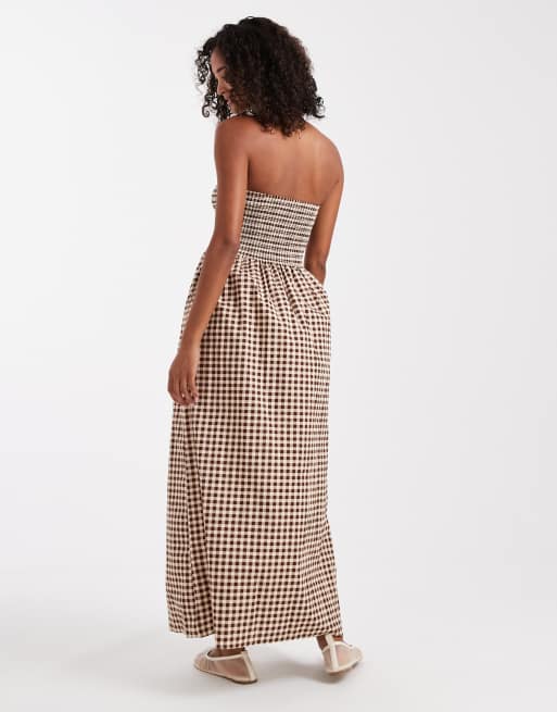 New Look - Robe bandeau mi-longue effet froncé à carreaux - Marron, 4 de 4