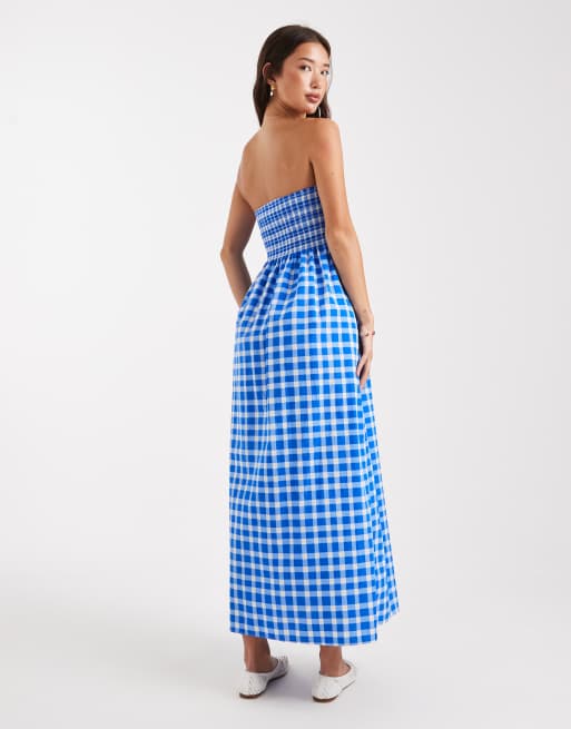 New Look - Robe bandeau mi-longue froncée à carreaux - Bleu, 2 de 4