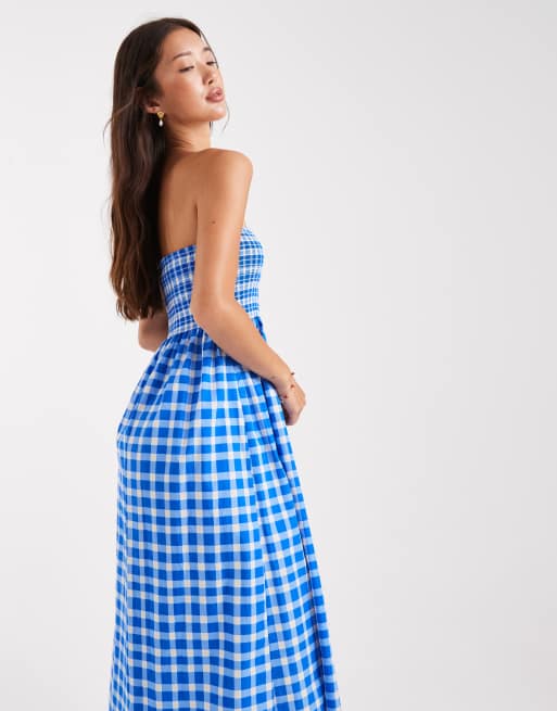 New Look - Robe bandeau mi-longue froncée à carreaux - Bleu, 3 de 4