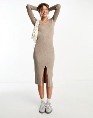 New Look v neck ribbed knitted midi dress with side split in mink - ASOS Price Checker