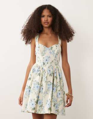 New Look - Robe corset courte en bengaline à fleurs - Crème-Blanc